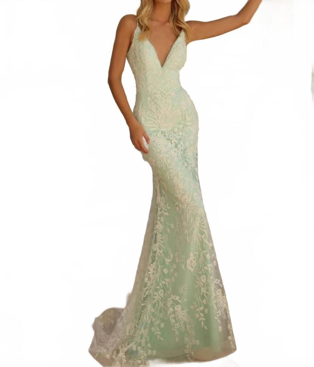 NEW CLARISSE glitter-embellished mermaid evening gown in ivory/seafoam
